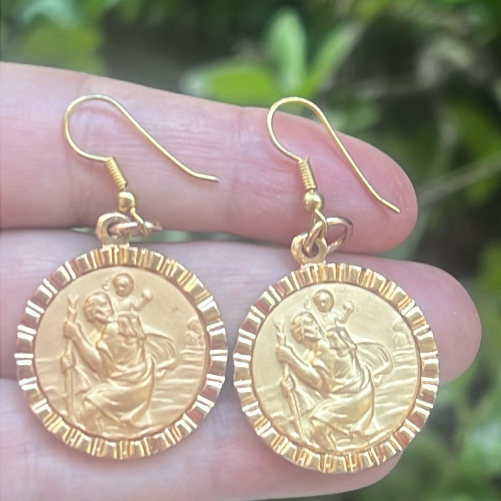 St Christopher Gold Medallion Earrings